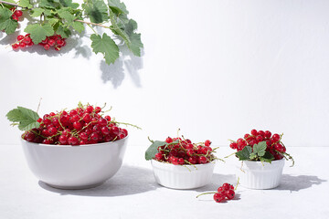 Ripe red currants in bowls and a branch on a white background in sunlight.