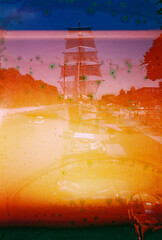 Vintage distressed blurry and grained photo. Damaged camera film. Mystical, psychedelic, nostalgic picture.