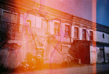 Vintage distressed blurry and grained photo. Damaged camera film. Mystical, psychedelic, nostalgic picture.