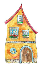 Watercolor picture with cartoon fairytale house.Bright watercolor house on a white background.
