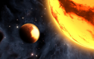 Fototapeta premium Alien super-Earth Gliese 486b and its nearby red dwarf star, 3d illustration