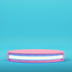 Pink empty glowing product display on bright blue background in pastel colors
