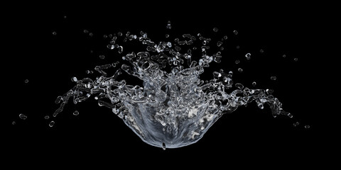 Water Splash with Droplets on Black Background. 3d illustration