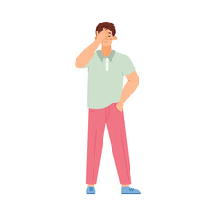 Frustrated man with gesture of disappointment flat vector illustration isolated.