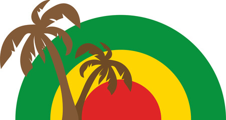 Palm tree design with green, yellow and red circular background in reggae style - obrazy, fototapety, plakaty