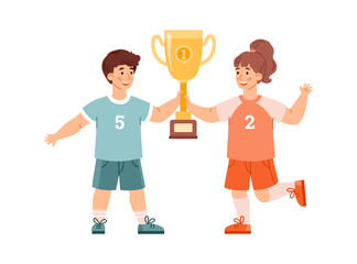 Cheerful kids with gold trophy cups award flat vector illustration isolated.