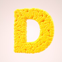 Letter D in a yellow sweet corn style. Vegetable alphabet or bubbles font. 3d rendering.