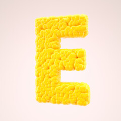 Letter E in a yellow sweet corn style. Vegetable alphabet or bubbles font. 3d rendering.