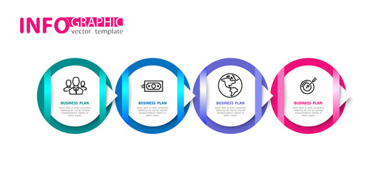 Infographic design and marketing icons, vector. Can be used to create workflows, charts, annual reports, web design presentations. Business concept with 4 options, process steps, sticker, information