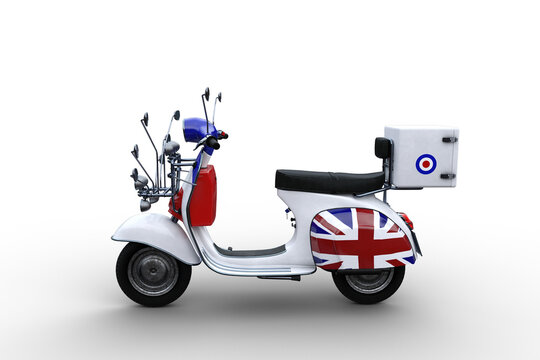 Side view 3D illustration of a white motor scooter with British flag and multiple mirrors isolated on a white background.