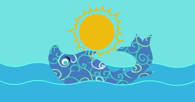 Patterned fish swims in the summer sea waves. Blue sky and yellow sun in cartoon style background. Summer vacances concept.