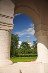 Orthodox Christian church in sunny summer weather. Monastery, religion, architecture, travel, summer