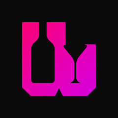 Letter W, Bottle and Glass Wine Logo Concept. Gradient. Pink and Purple. Logo, Icon, Symbol and Sign. Abstract logo. Black background