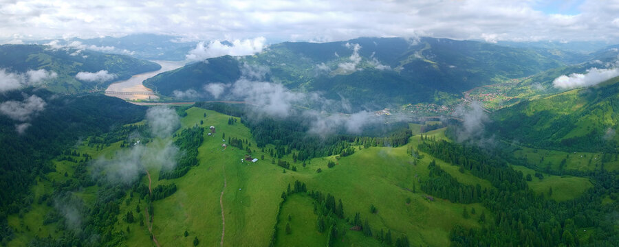 panorama of mountain landscape with Bicaz lake in Romania and Bistrita Valley