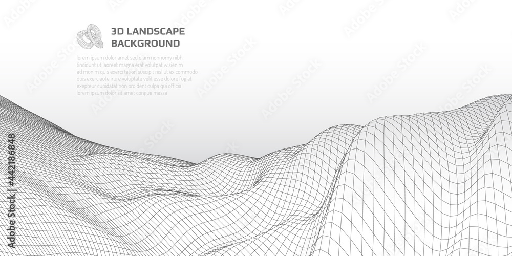 Poster virtual landscape with 3d lines and waves.