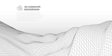 Virtual landscape with 3D lines and waves. - 442186848