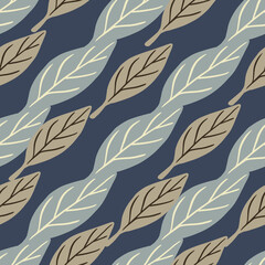 Blue and beige colored foliage abstract leaves ornament. Navy blue background. Organic plants backdrop.