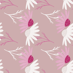 Minimalistic style floral seamless pattern with white chamomile flowers shapes. Lilac pale background.