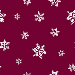 Winter seamless pattern with white snowflakes on vinous red background. New Year backdrop.