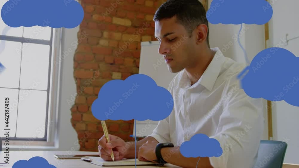 Poster animation of clouds and digital icons over businessman using tablet computer