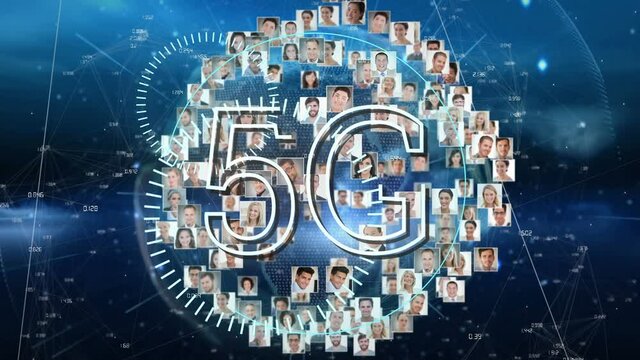 Animation of 5g text with globe and photos network of connections