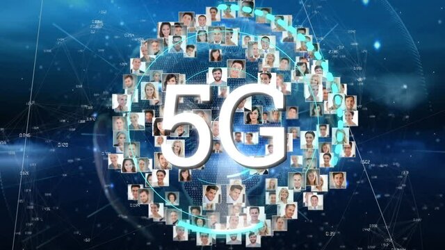 Animation of 5g text with globe and photos network of connections