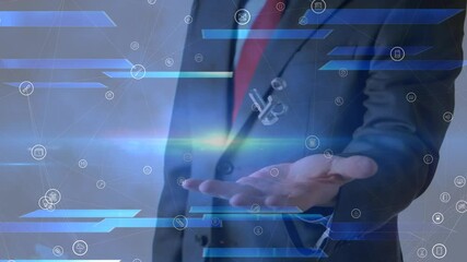 Animation of network of media icons over businessman throwing and catching nuts and bolts - Powered by Adobe