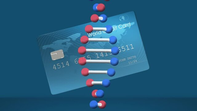 Animation of 3d dna strand rotating over credit card on blue background