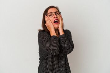 Middle age caucasian woman isolated on white background whining and crying disconsolately.