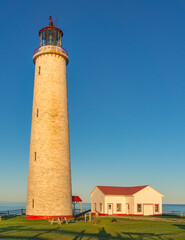 View on the Cap des Rosiers lighthouse, the highest of Canada, located near Forillon National Park, in Gaspesie (Quebec, Canada)