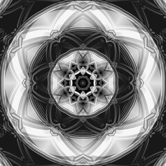hexagonal kaleidoscopic design in pure black and white with few shades of grey 