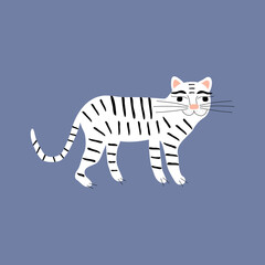 Fototapeta na wymiar Cute white tiger on a blue background. Wild big cat. Funny animals vector illustration. 