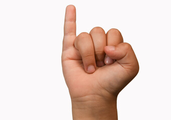 Children hand showing pinky finger gesture, isolated, white background