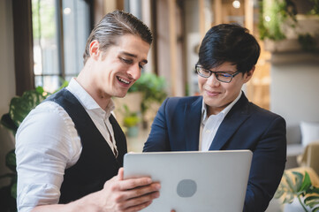 businessperson partner team, brainstorming and handshake with cooperation colleague partnership,...