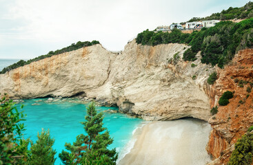 Scenic view of Porto Katsiki beach, the most beautiful beach at Lefkada island. Greece, Ionian Island