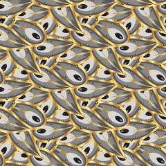Seamless peacock feathers pattern. Peacock feathers with gold design. Vector illustration.
