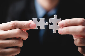 business success concept idea of jigsaw puzzle, teamwork solution and join connection, strategy...