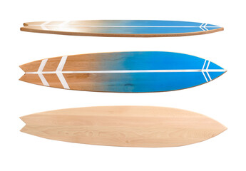 Different view of wooden surfboard on white background - Powered by Adobe