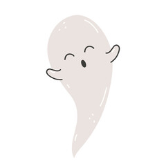 Cute spooky ghost isolated on white background. Funny scary character. Vector hand-drawn illustration in cartoon flat style. Perfect for cards, invitations, Halloween designs, decorations.
