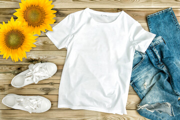 T-shirt mockup sunflowers template Fashion flatlay - Powered by Adobe