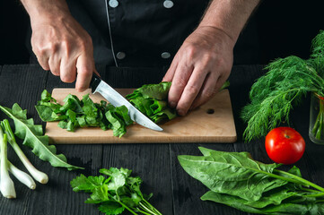 A chef prepares a spinach salad in a restaurant kitchen. Closeup of the hands of a cook cutting vegetables with a knife on a cutting board