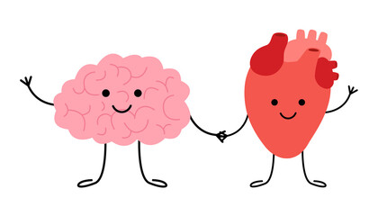 Connection of cute healthy happy brain and heart characters. Relation health of human brain and heart. Unity of logic, mental and feel. Vector flat cartoon illustration