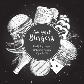 Burgers and ingredients for burgers vector illustration. Fast food, junk food label. Elements for burgers restaurant menu design. Engraved image, retro style.