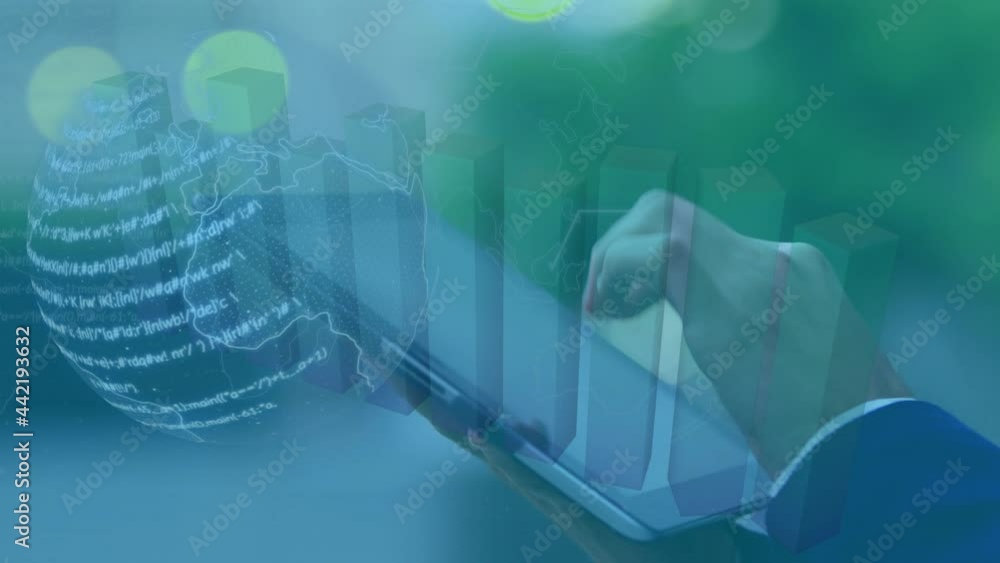 Poster animation of globe and data processing over businessman using tablet