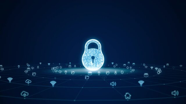 Motion graphic of Blue digital 3D key logo with futuristic technology icon and line connection with circle rotation on abstract background concept seamless loop video