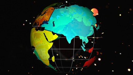 Animation of colourful globe rotating on black background with sparks
