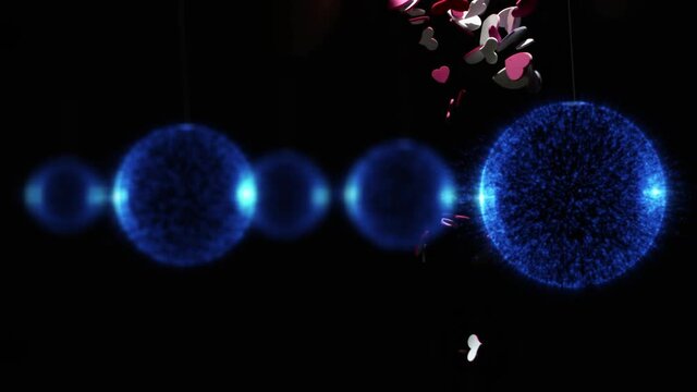 Animation of blue transparent spheres and red hearts falling on black background