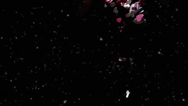 Animation of confetti falling and pink hearts on black background