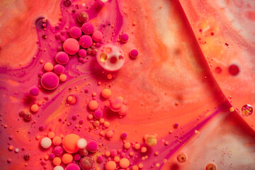 Bright and colorful abstract background from acrylic paints and oil mix, Macro bubble photography...