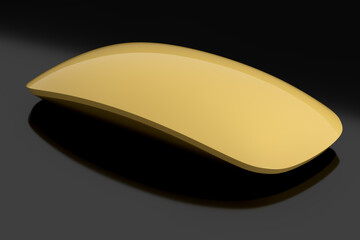 Realistic gold wireless computer mouse with touch isolated on black background.